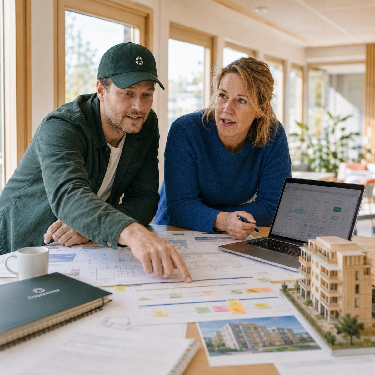 Två kollegor på ett fastighetsbolag planerar projekt över ritningar, projektplan och en laptop med Grantigos översikt
