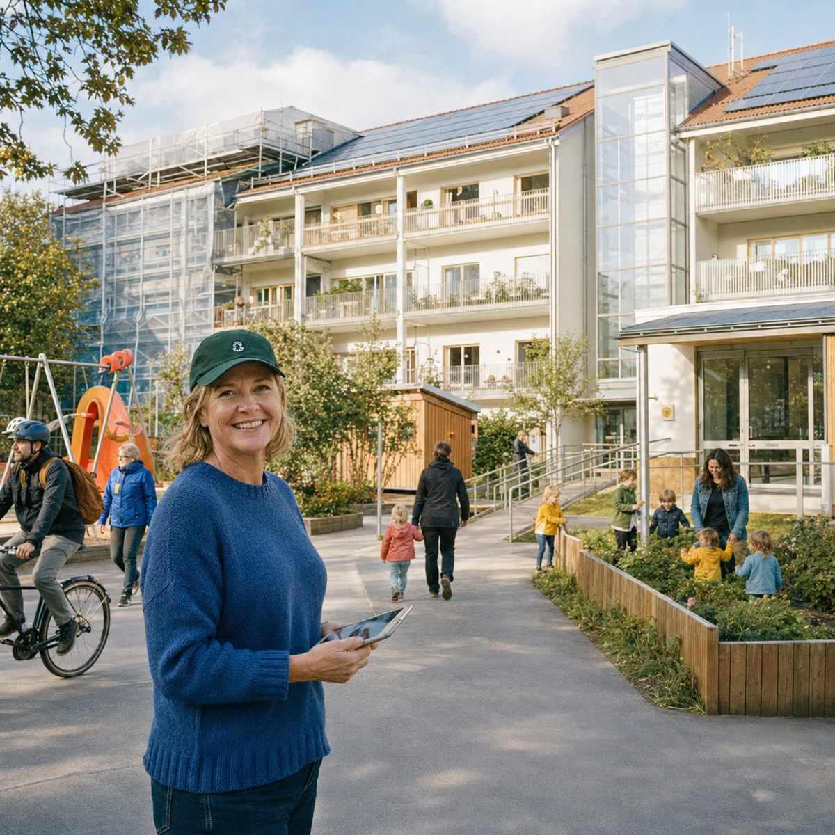 Fastighetsförvaltare med surfplatta på en bostadsgård där flera projekt pågår, renovering med byggnadsställning, solceller på taket, ny hiss, lekpark, ramp och förskola