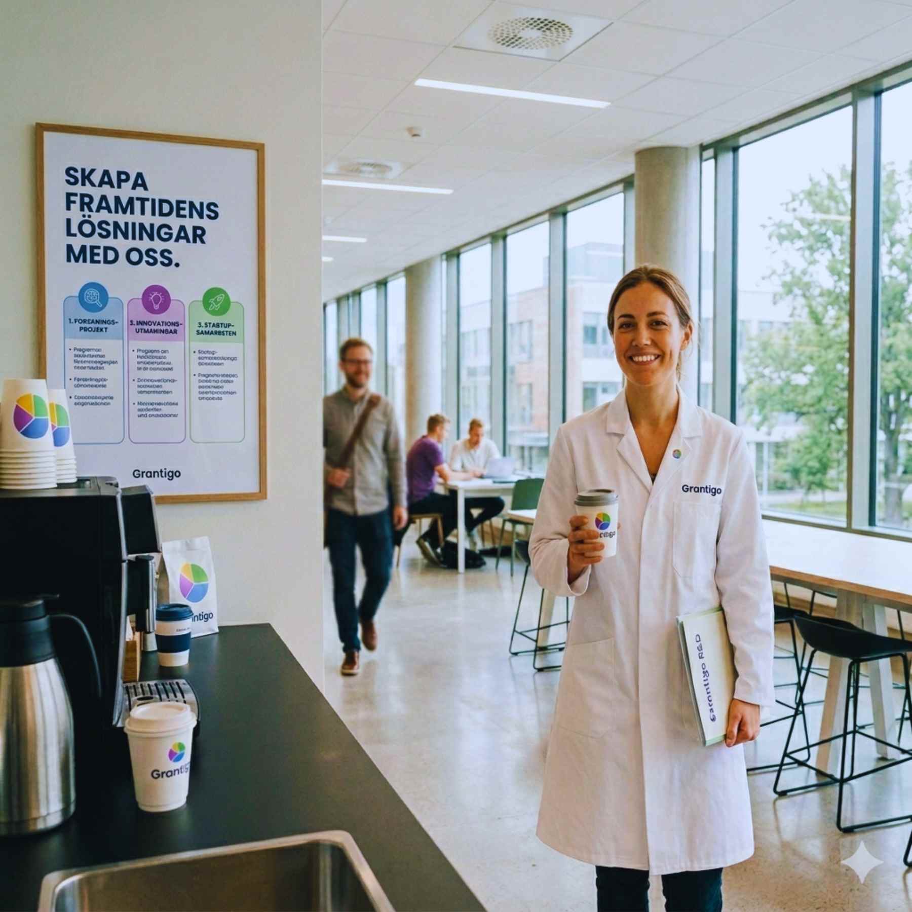 Forskare med kaffe i lab